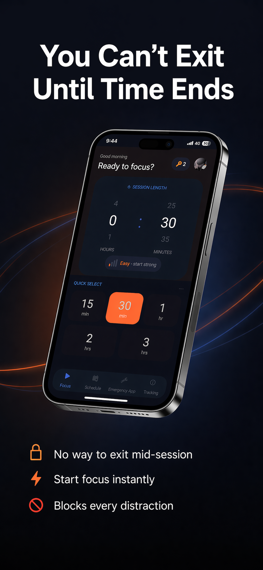 FocusPort home screen - set session length and start focusing