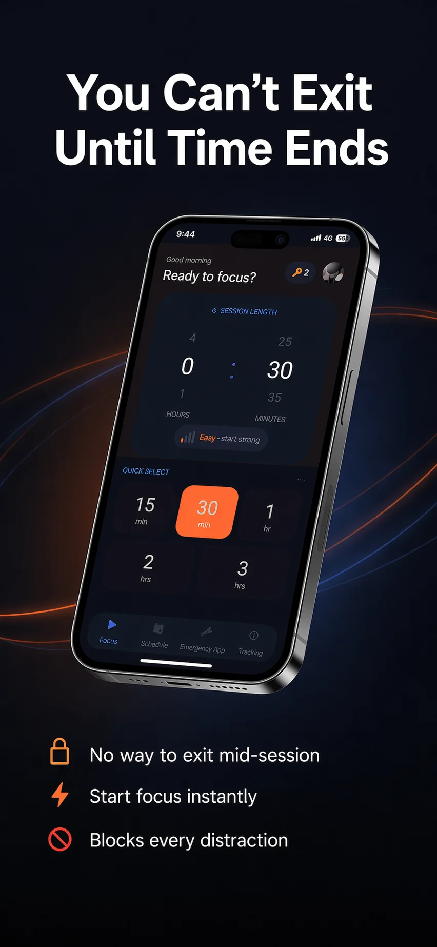 FocusPort home screen - set session length and start focusing