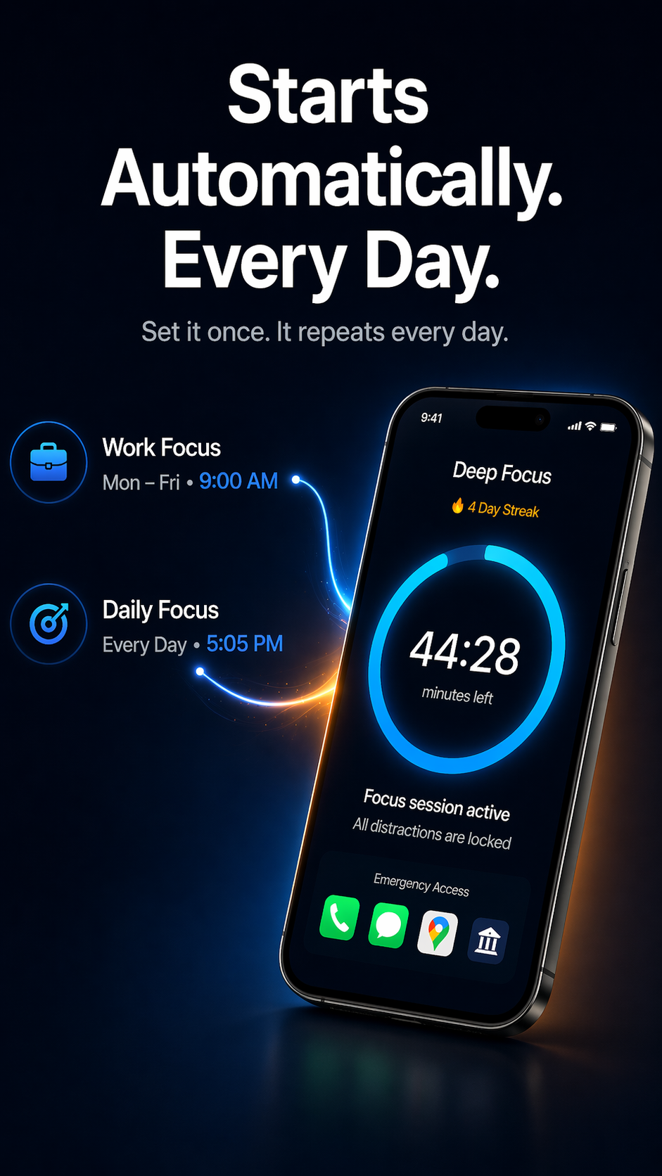FocusPort scheduled sessions and active focus timer
