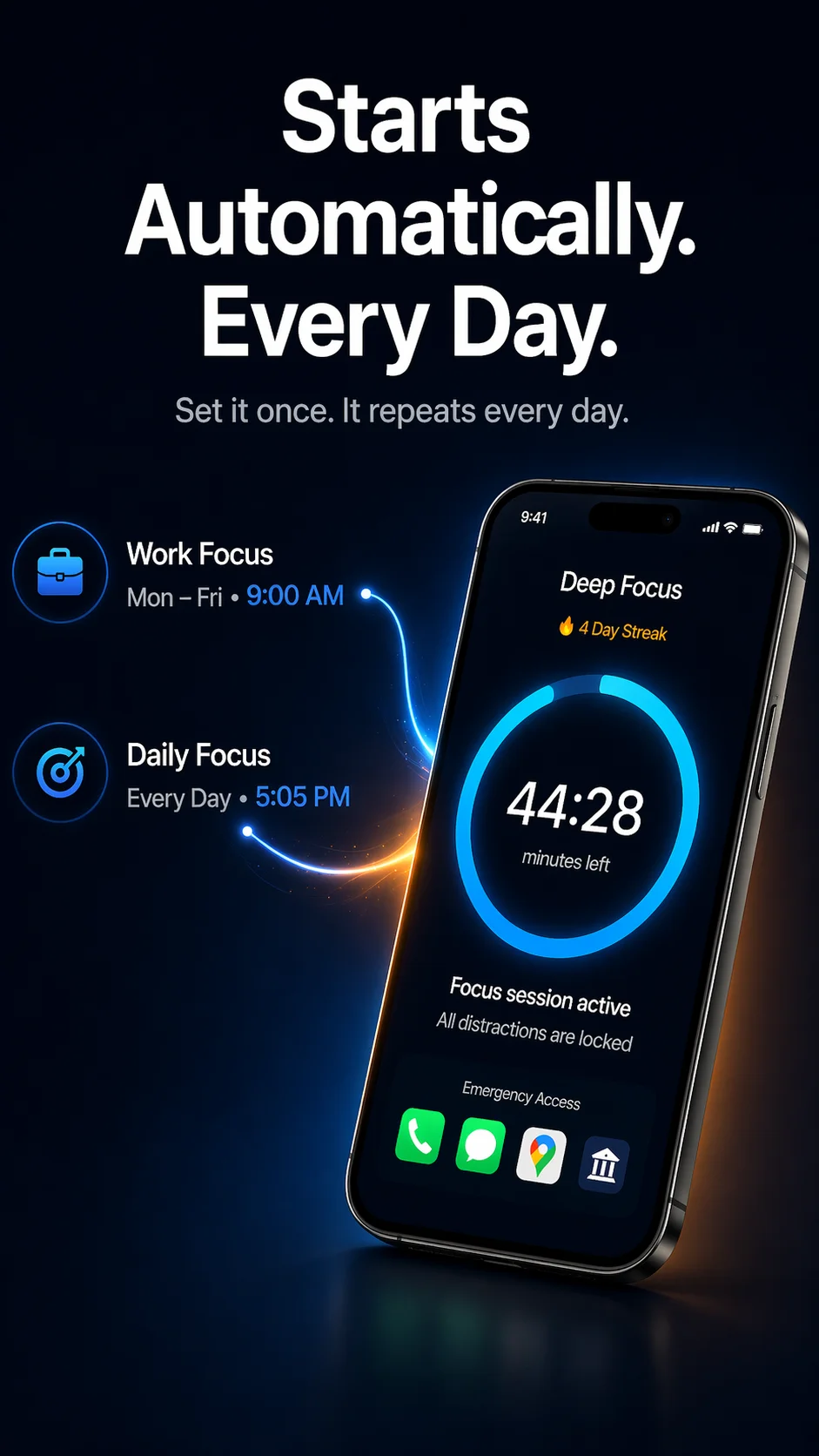 FocusPort scheduled sessions and active focus timer