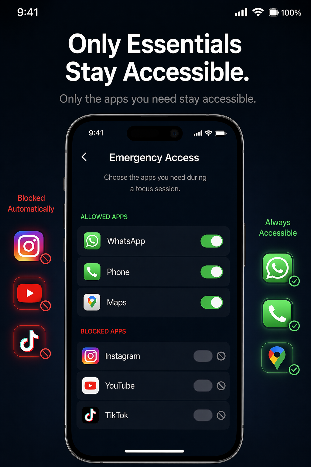 FocusPort emergency app whitelist settings