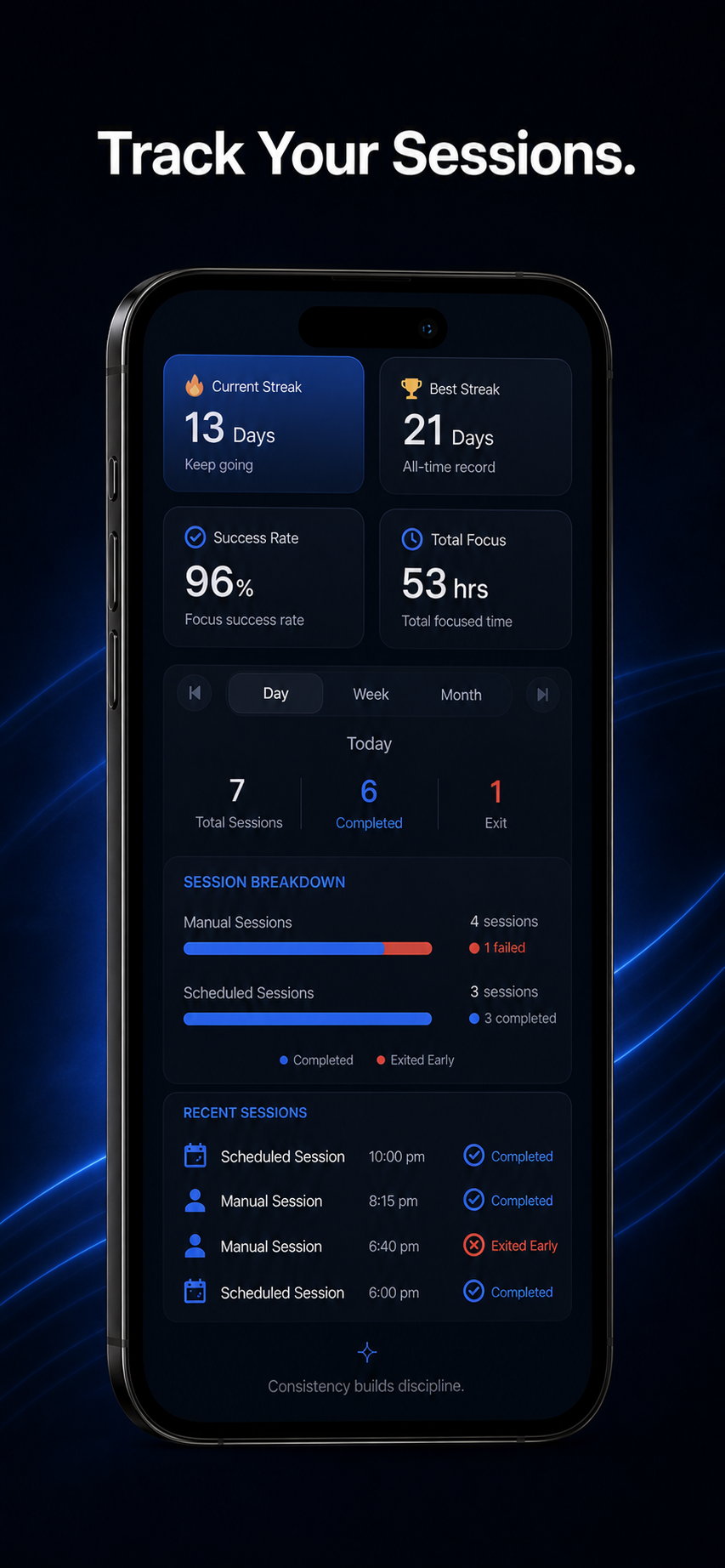 FocusPort session history and streak tracking