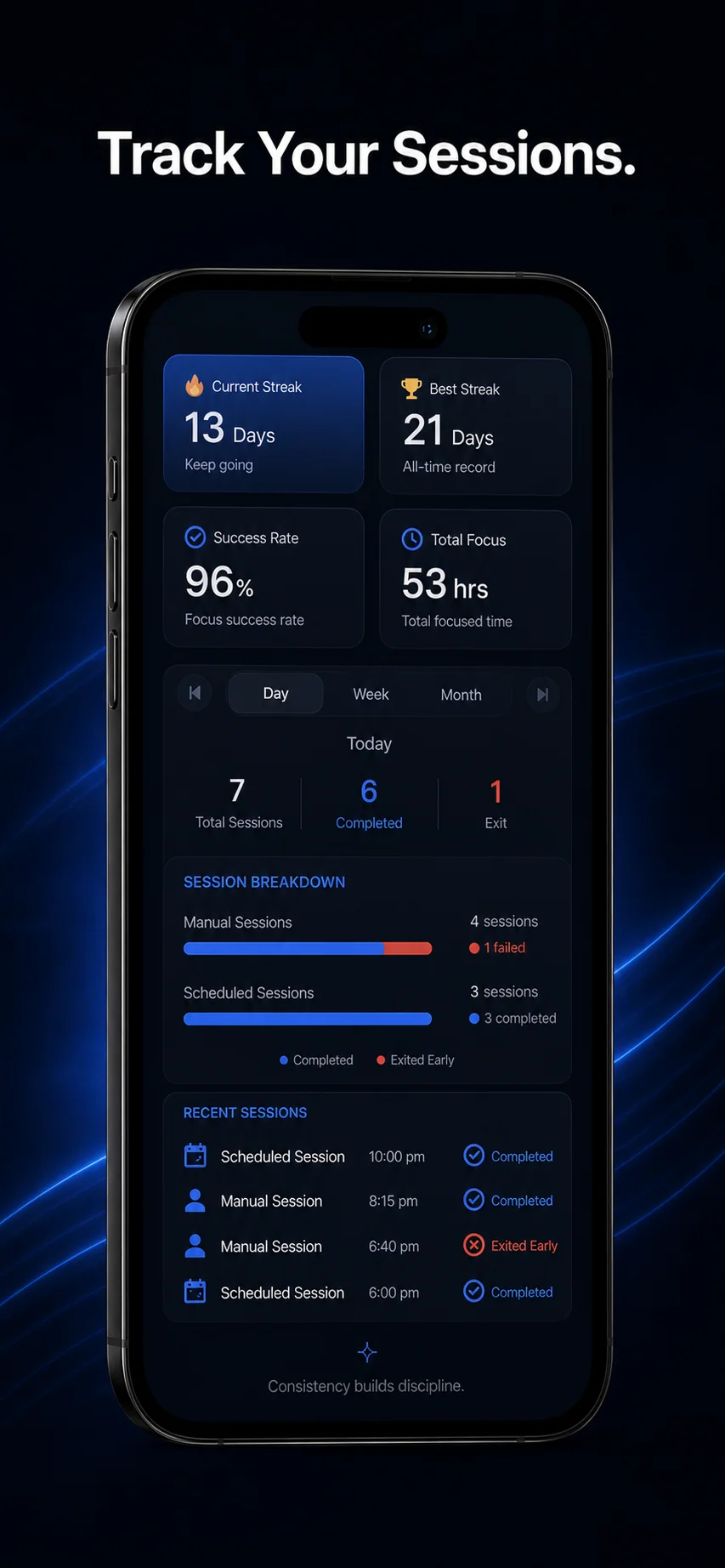 FocusPort session history and streak tracking